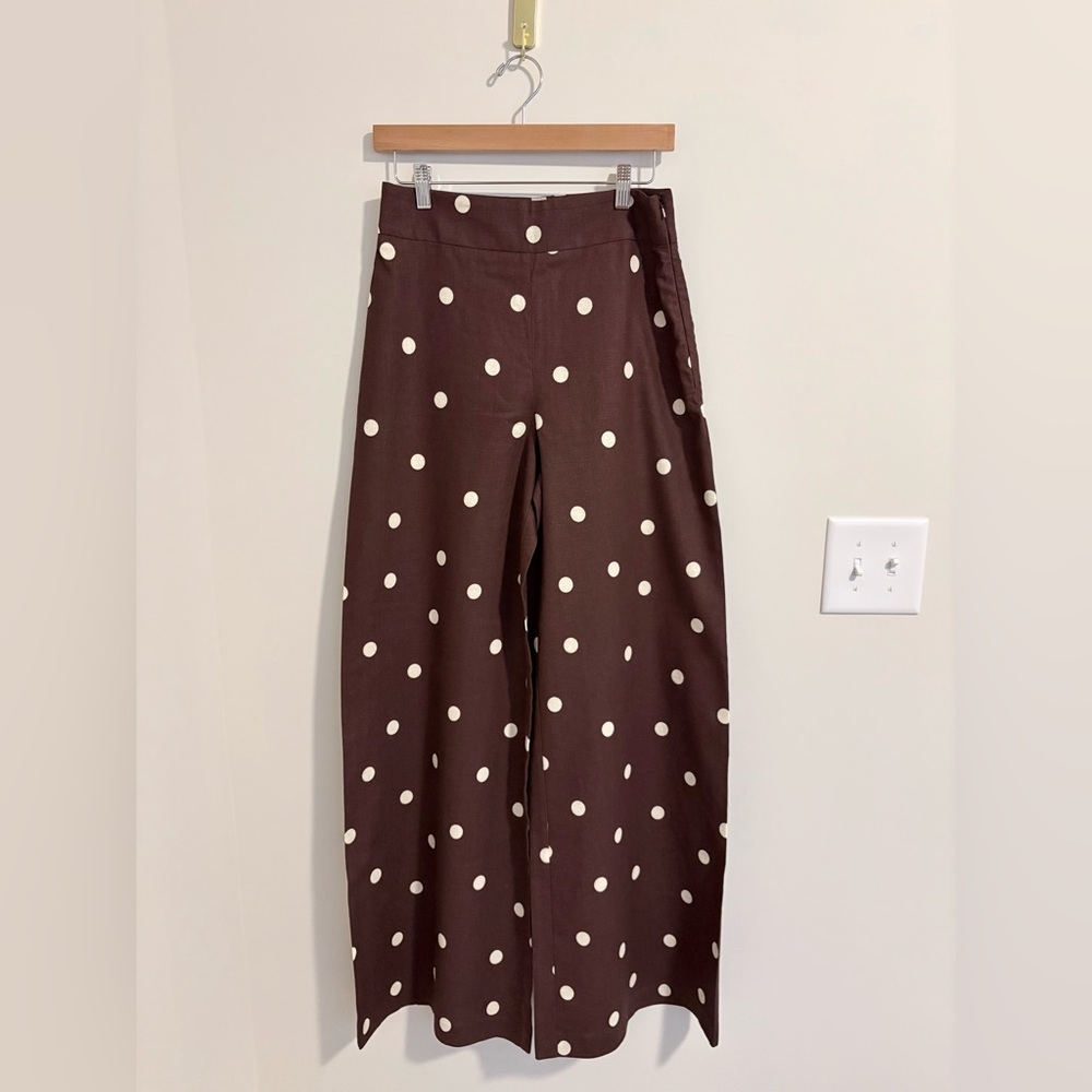 Sézane Ecru Chocolate Brown Polka Dot Camille Wide Leg Trousers Size 36 (4)